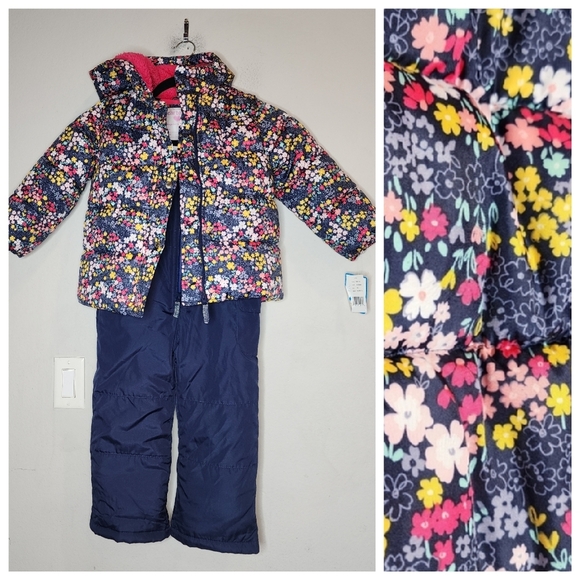 NWT Carters 2 Piece Snowsuit Set Puffer Fleece Lined Blue Pink Floral small (4)